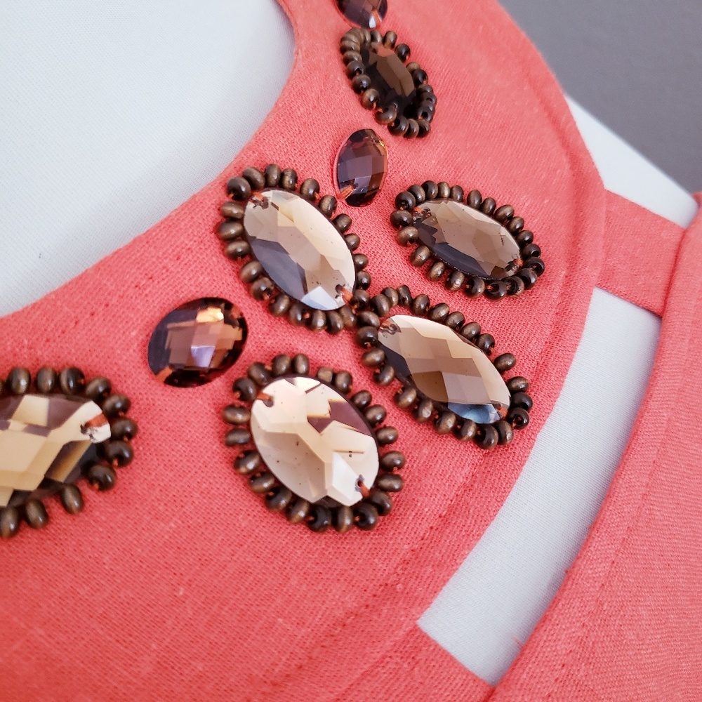 Orange Jeweled Linen Cocktail Dress